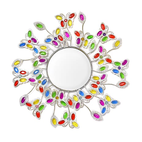 BRAND NEW - Bohemian Style Iron Wall Mirror with Colorful Beaded Frame (Size 56x56x3cm) - White
