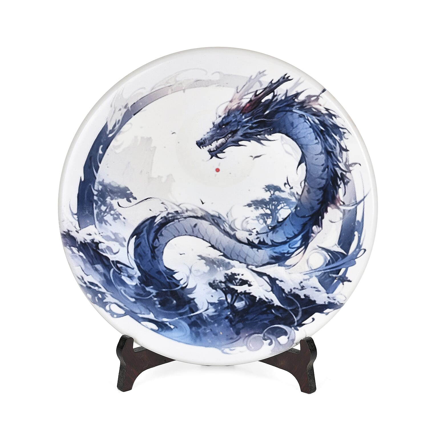 Serpentine Dragon  Round  Hand Painted Disk with Wood Stand 13255ct.