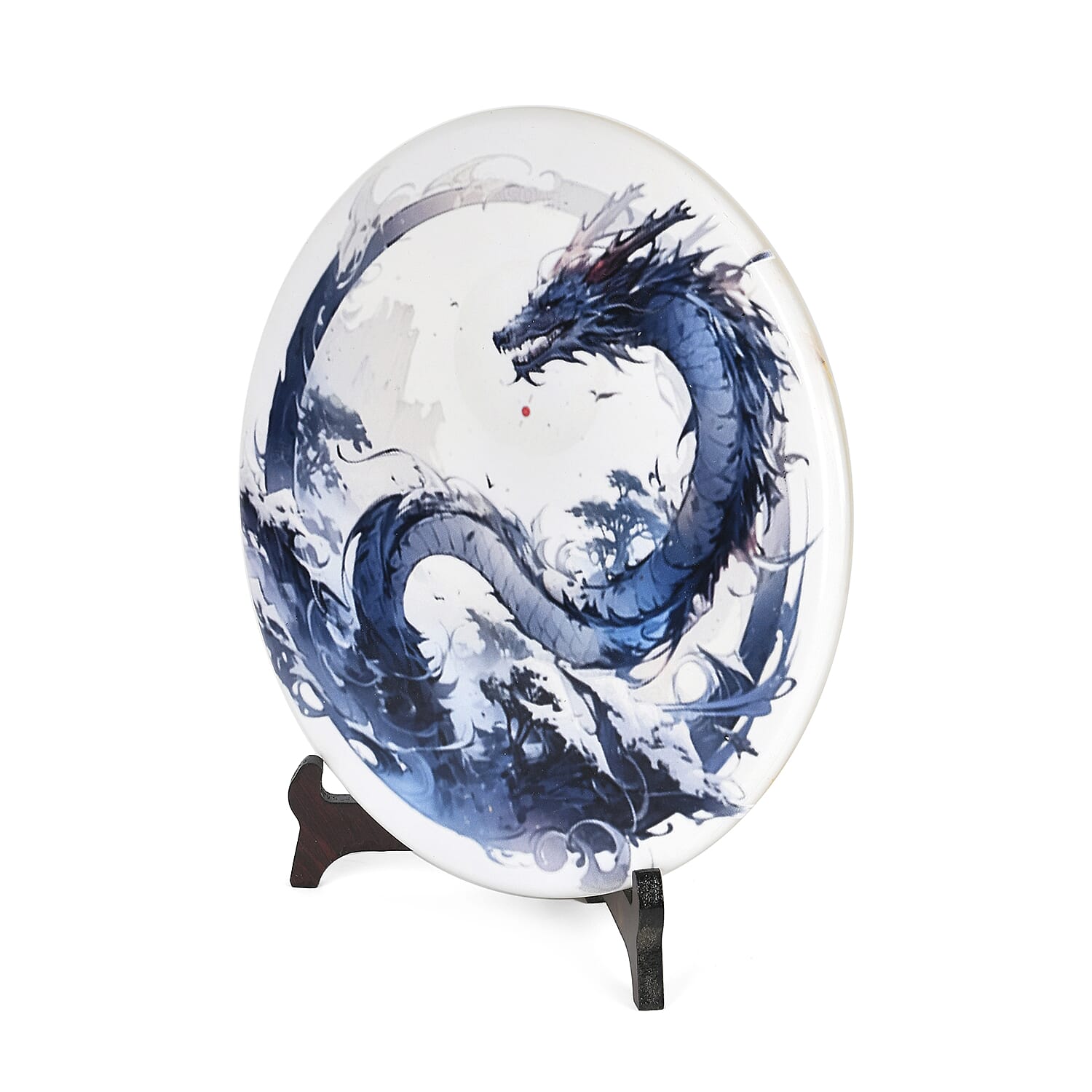 Serpentine Dragon  Round  Hand Painted Disk with Wood Stand 13255ct.