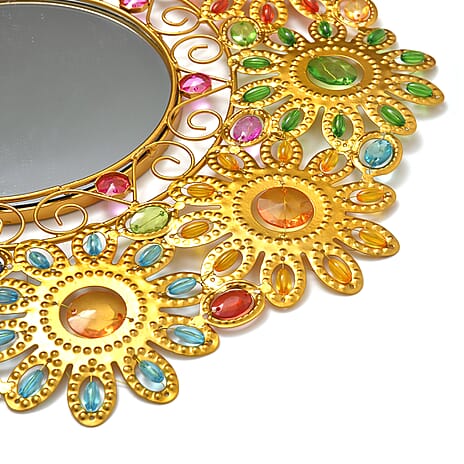BRAND NEW - Iron Wall Mirror with Bright Coloured Beads (Size 44x44x3cm) - Multicolor