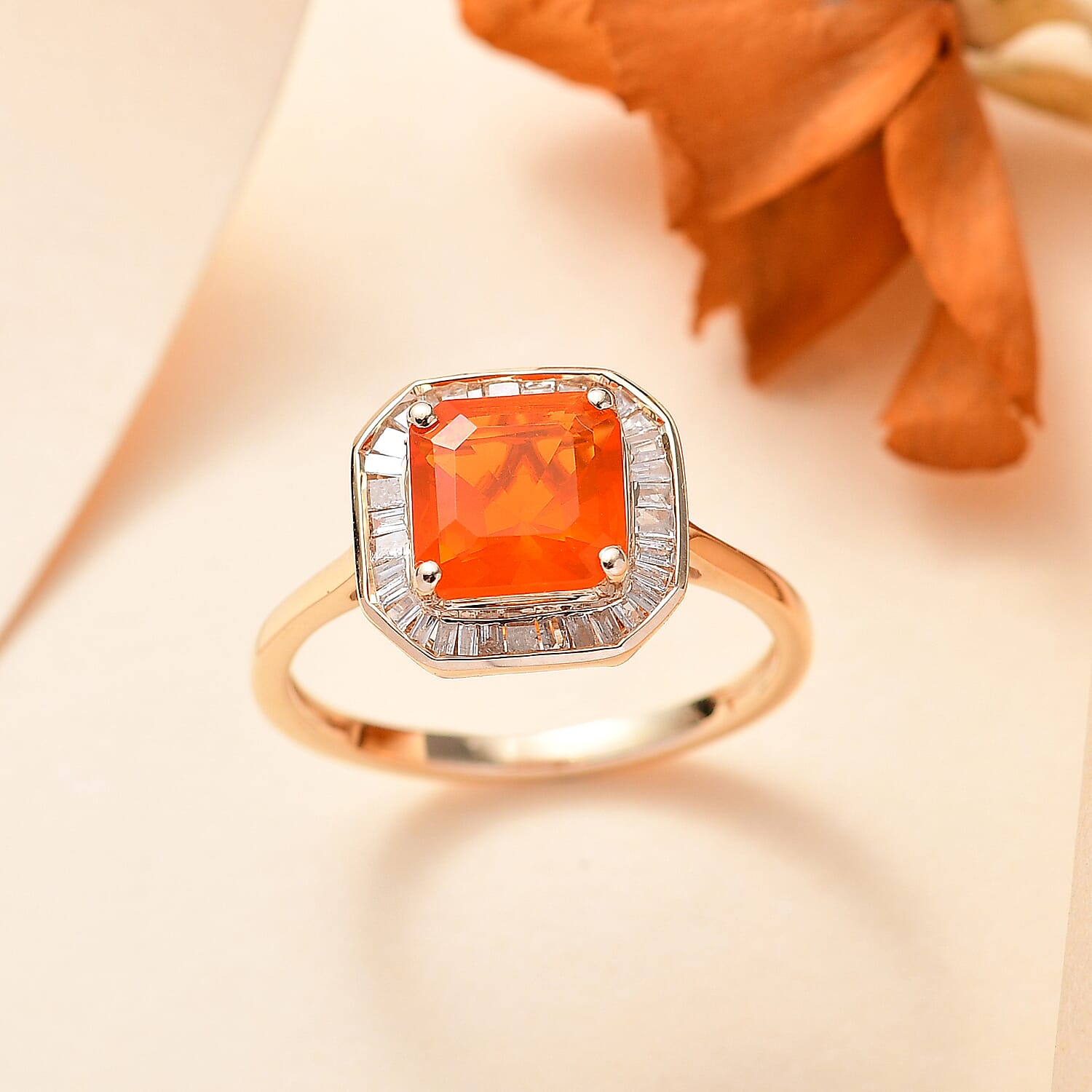 9K Yellow Gold AAAA Fire Opal & White Diamond Ring 1.42 Ct.
