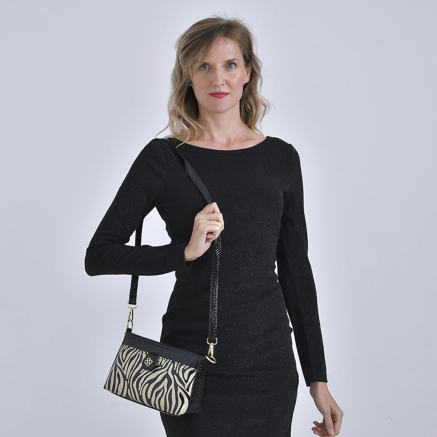 Zebra Patterned Crossbody Bag - Black