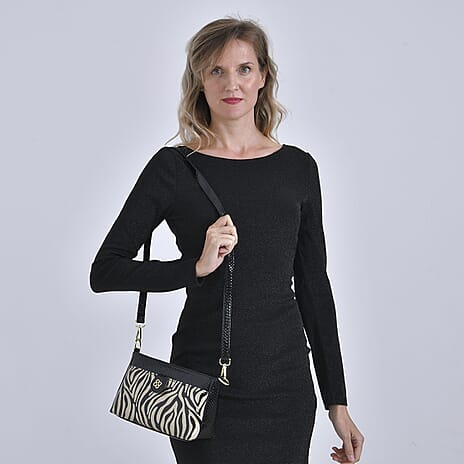 Zebra Patterned Crossbody Bag - Black