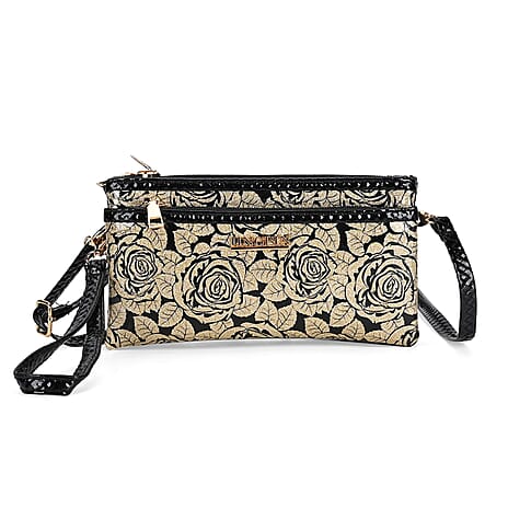 Leatherette Rose Pattern Crossbody Bag - Gold Rose