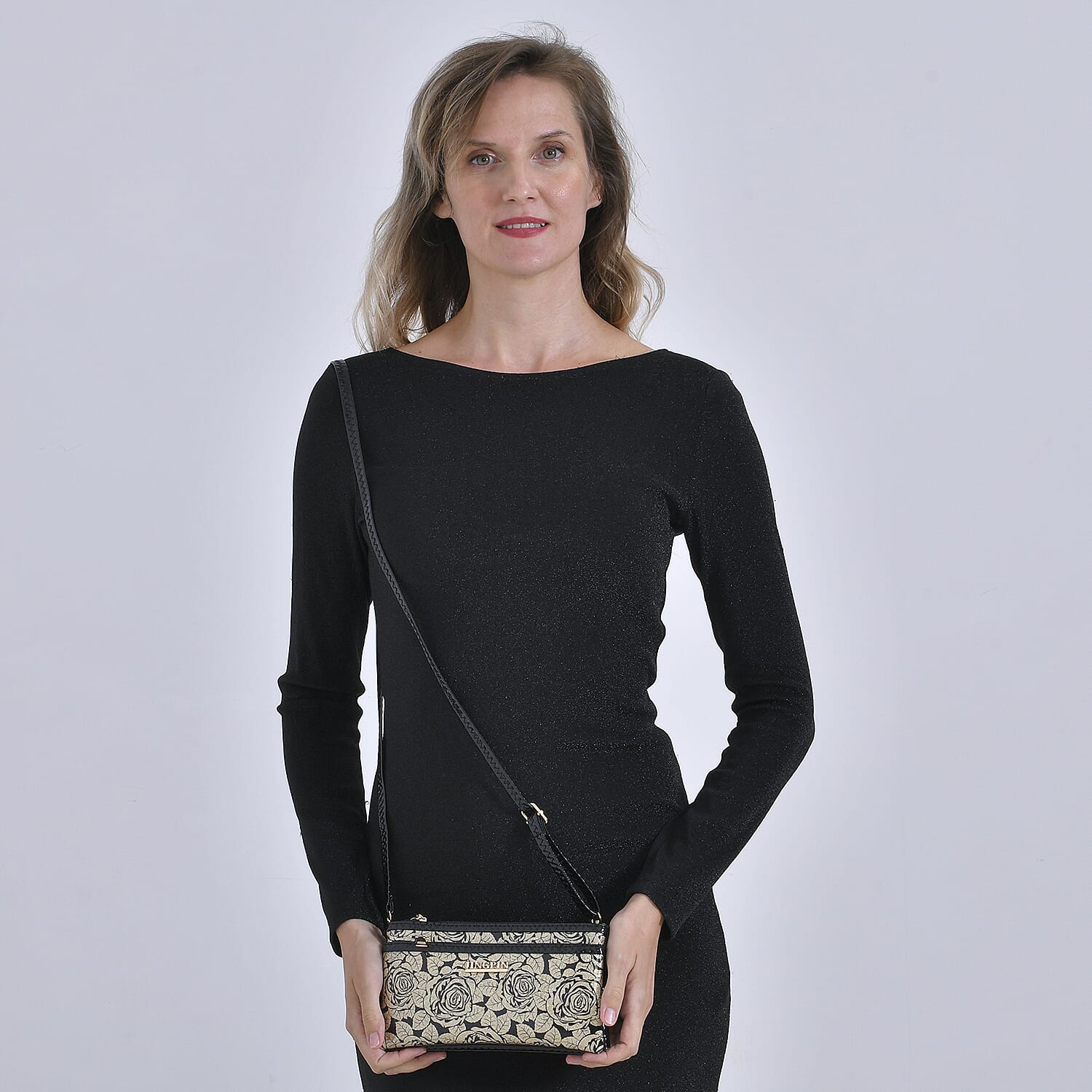 Leatherette Rose Pattern Crossbody Bag - Gold Rose