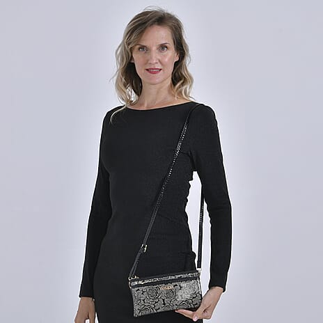 Leatherette Rose Pattern Crossbody Bag - Silver Rose