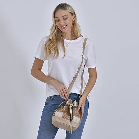 Crossbody Checkered Bucket Bag (Size 22x18x25 cm) - Beige