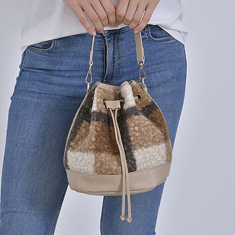Crossbody Checkered Bucket Bag (Size 22x18x25 cm) - Beige