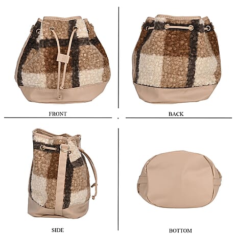 Crossbody Checkered Bucket Bag (Size 22x18x25 cm) - Beige
