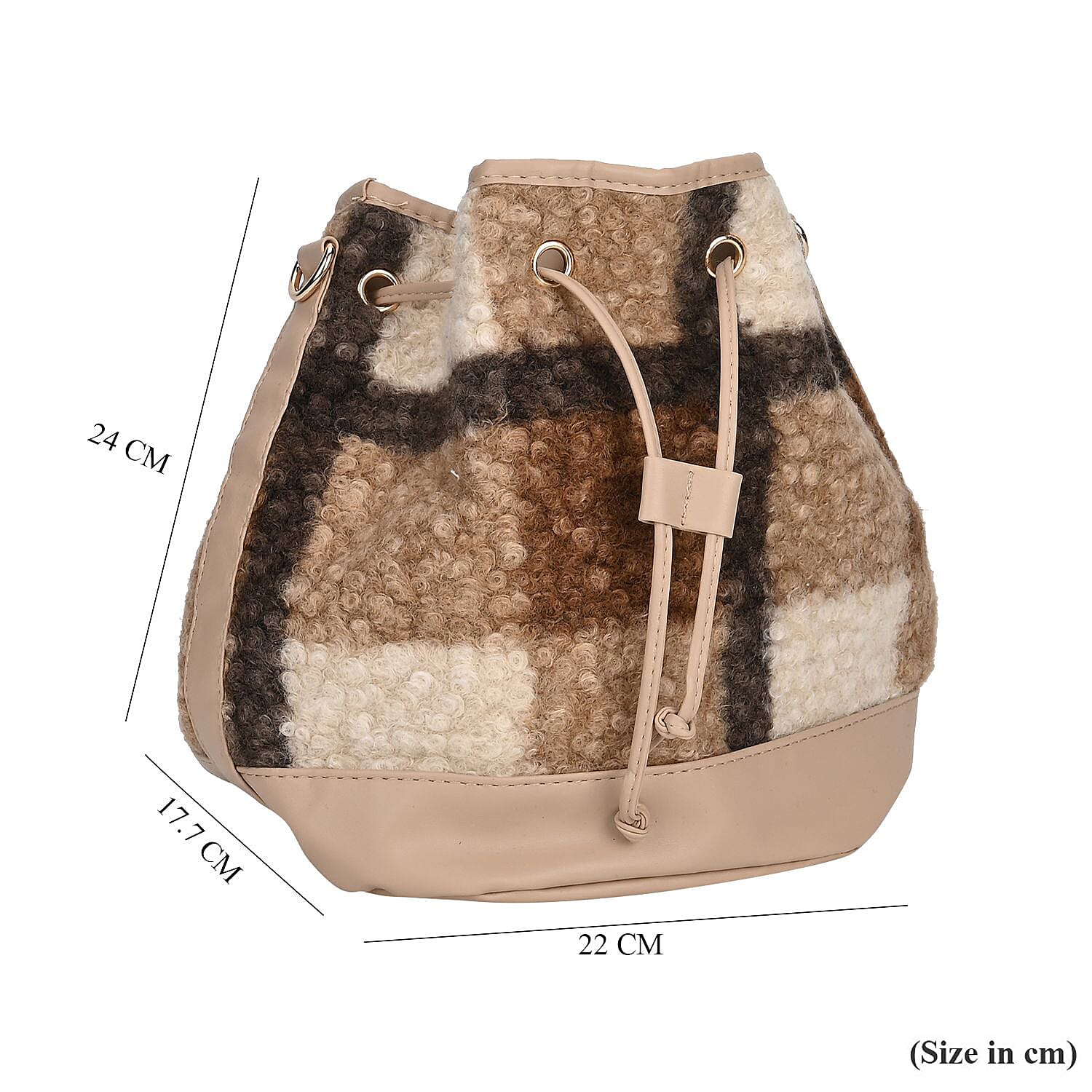 Crossbody Checkered Bucket Bag (Size 22x18x25 cm) - Beige
