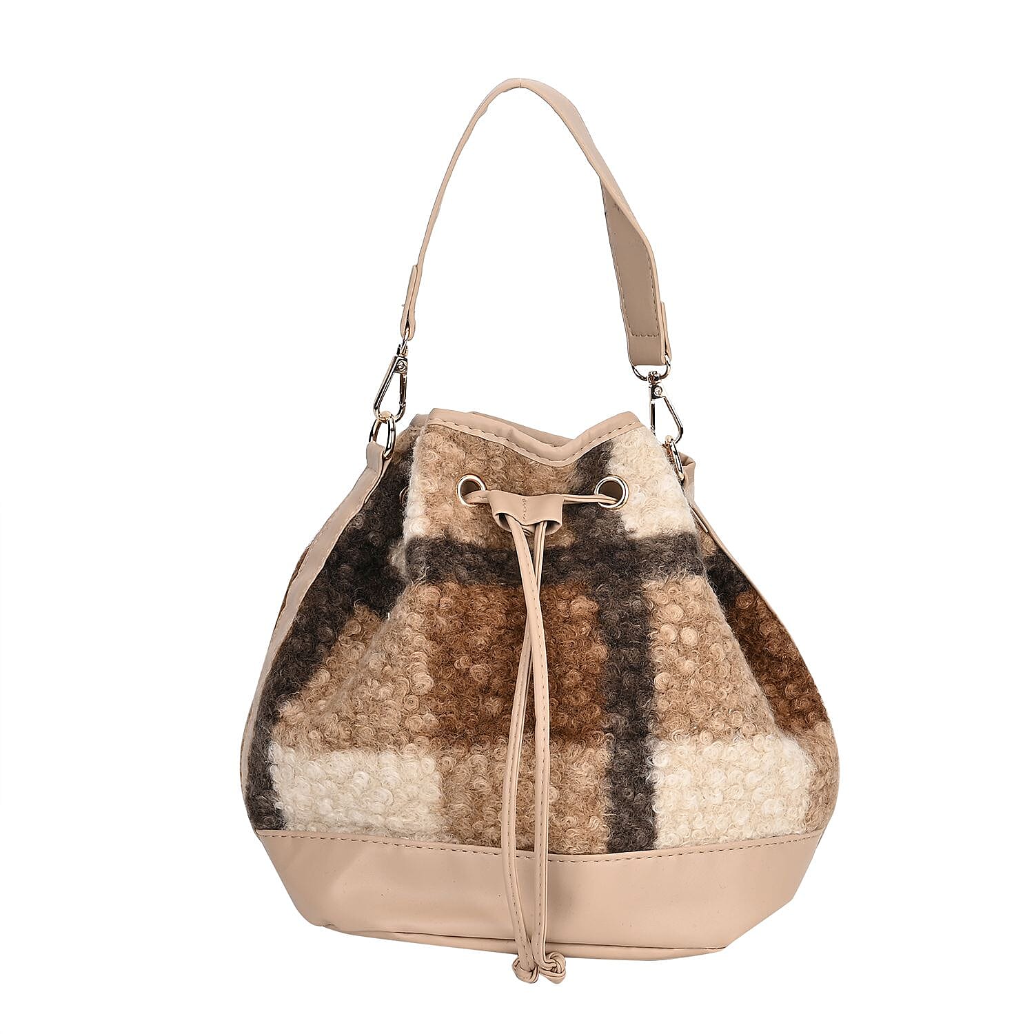 Crossbody Checkered Bucket Bag (Size 22x18x25 cm) - Beige