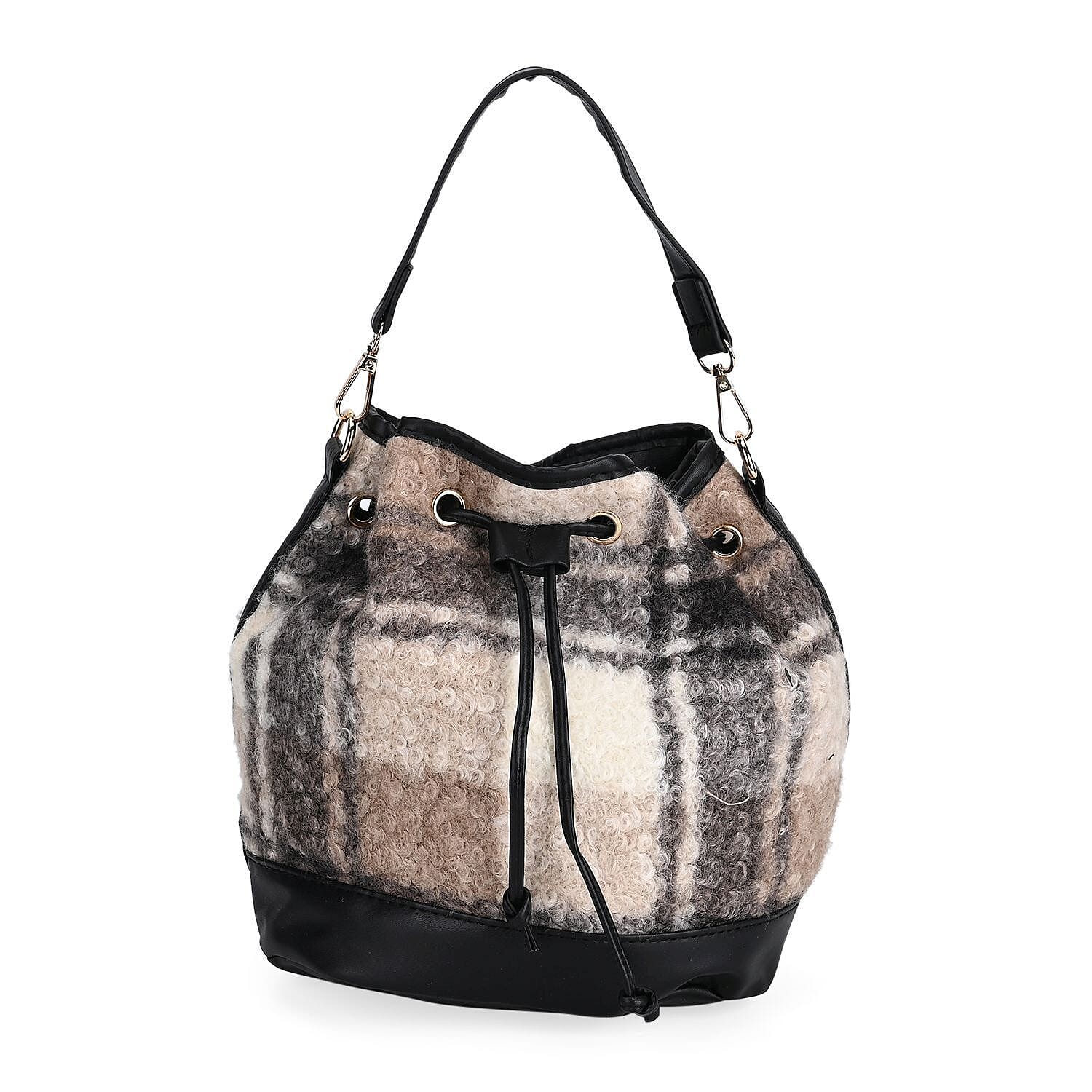 Crossbody Checkered Bucket Bag (Size 22x18x25 cm) - Black & Beige