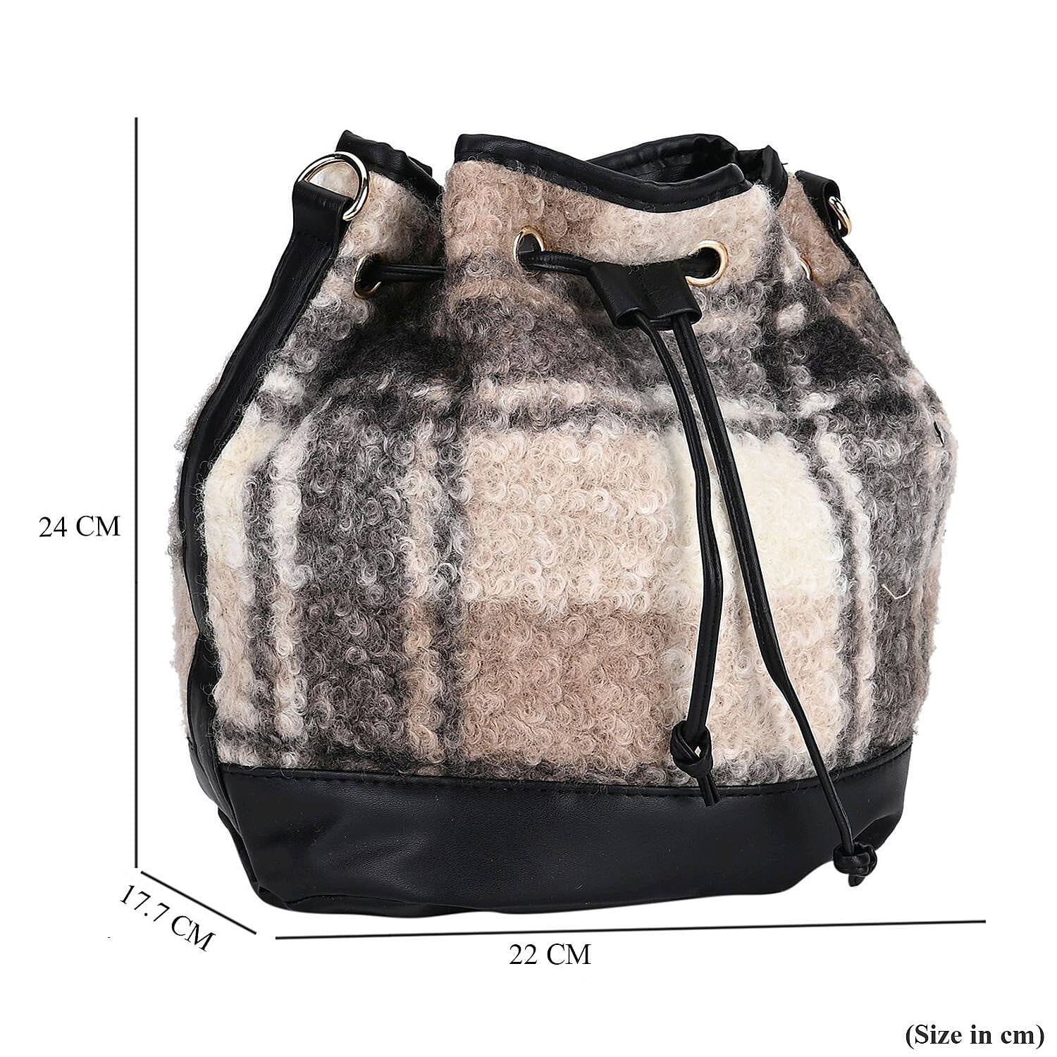 Crossbody Checkered Bucket Bag (Size 22x18x25 cm) - Black & Beige