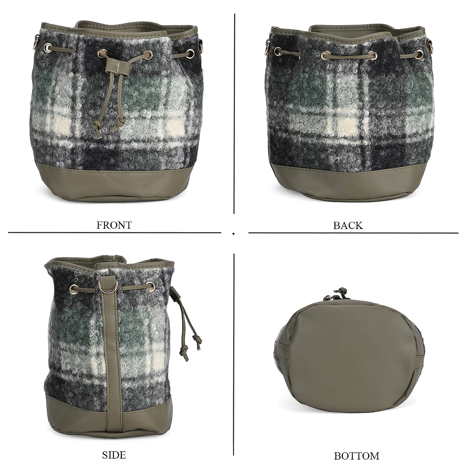 Crossbody Checkered Bucket Bag (Size 22x18x25 cm) - Green & Beige