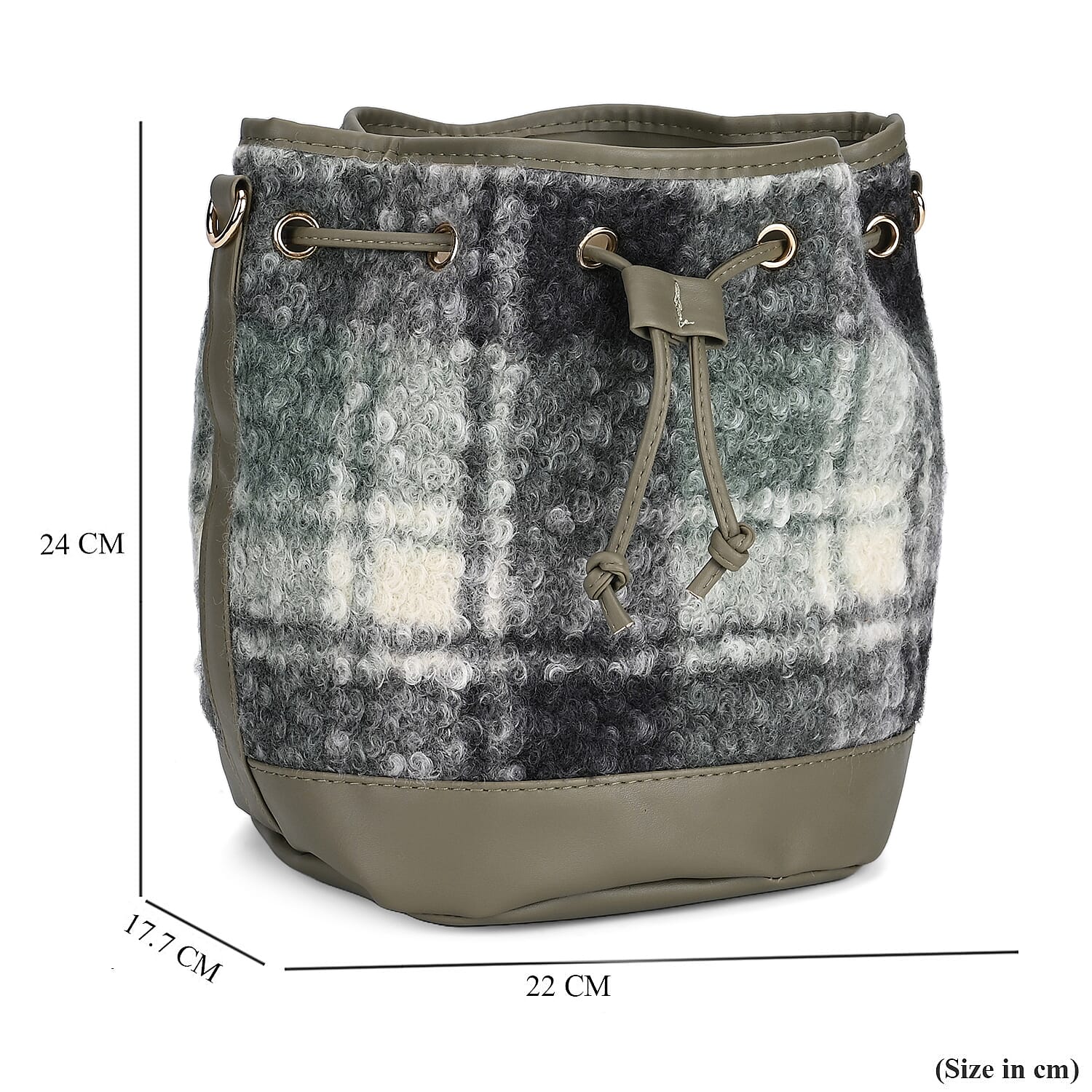 Crossbody Checkered Bucket Bag (Size 22x18x25 cm) - Green & Beige