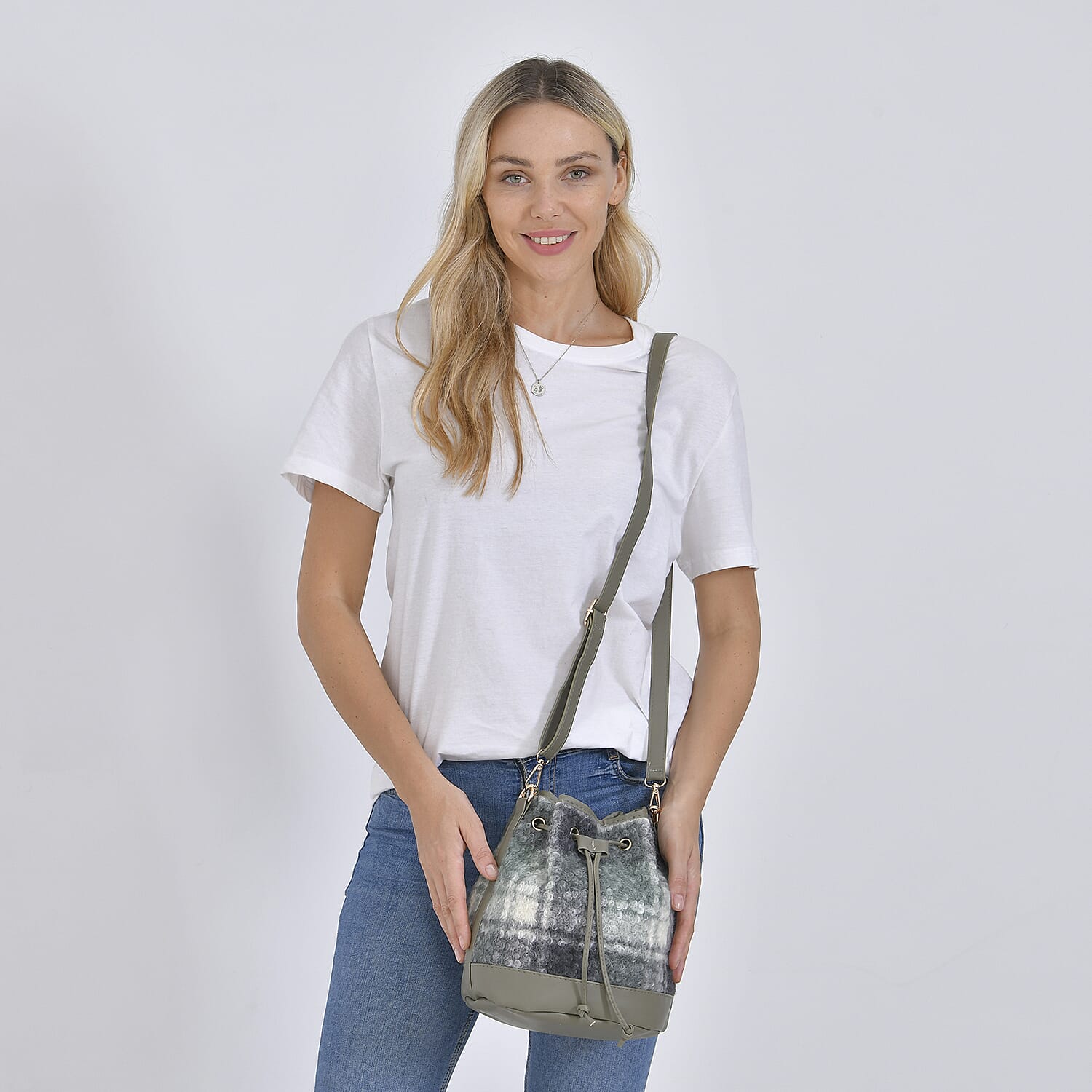 Crossbody Checkered Bucket Bag (Size 22x18x25 cm) - Green & Beige