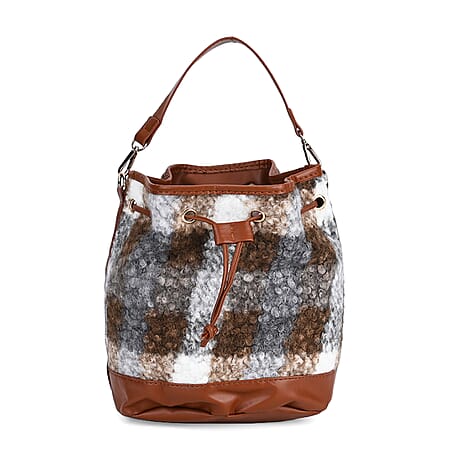 Crossbody Checkered Bucket Bag (Size 22x18x25 cm) - Brown & Beige