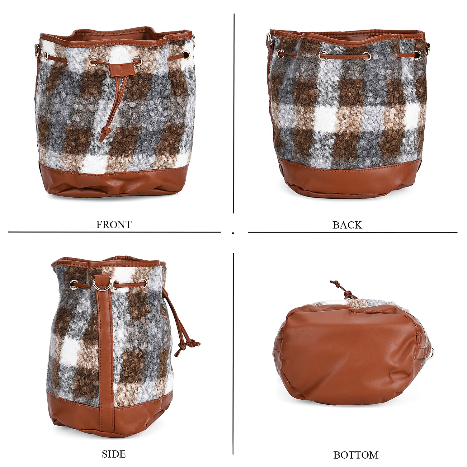 Crossbody Checkered Bucket Bag (Size 22x18x25 cm) - Brown & Beige