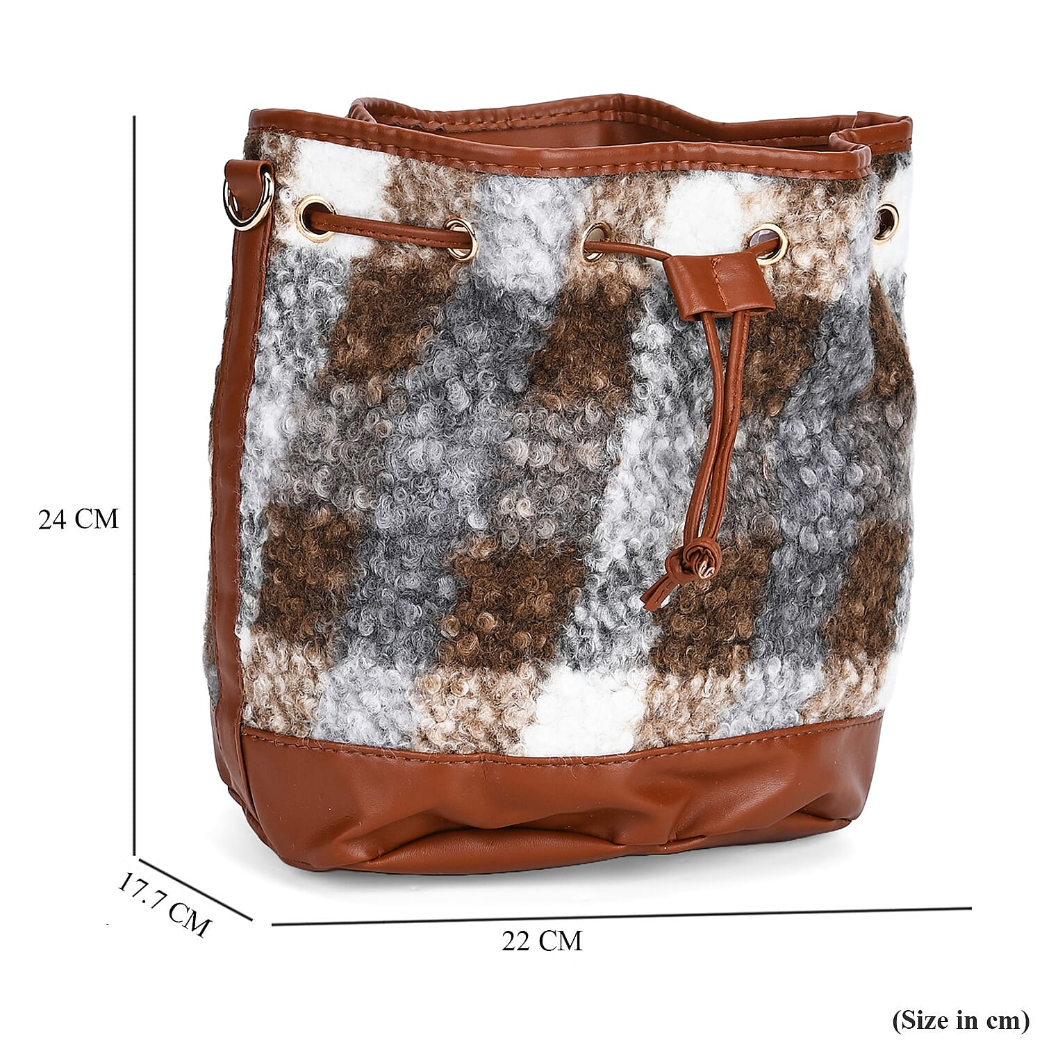 Crossbody Checkered Bucket Bag (Size 22x18x25 cm) - Brown & Beige