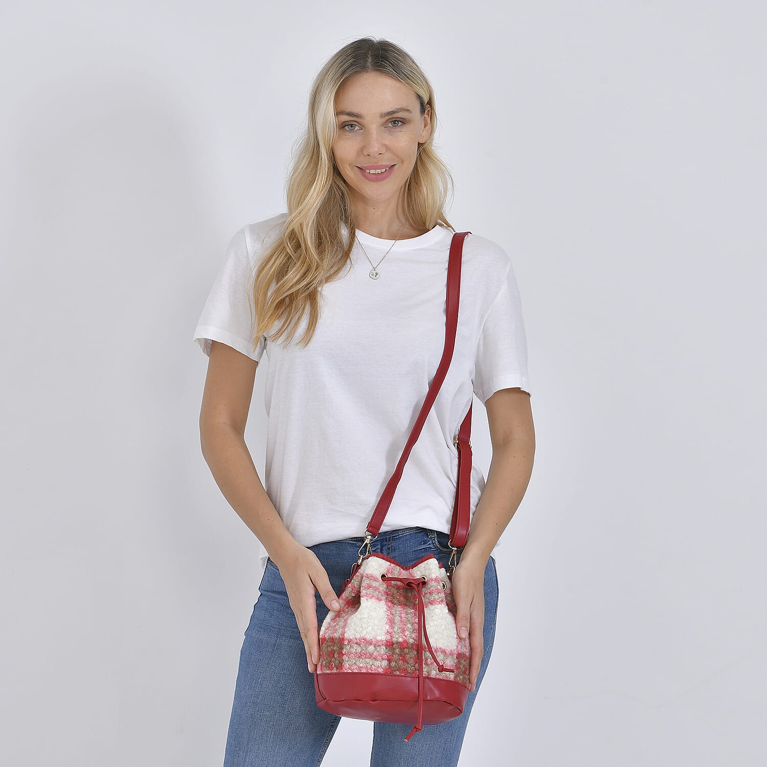 Crossbody Checkered Bucket Bag (Size 22x18x25 cm) - Red & Beige