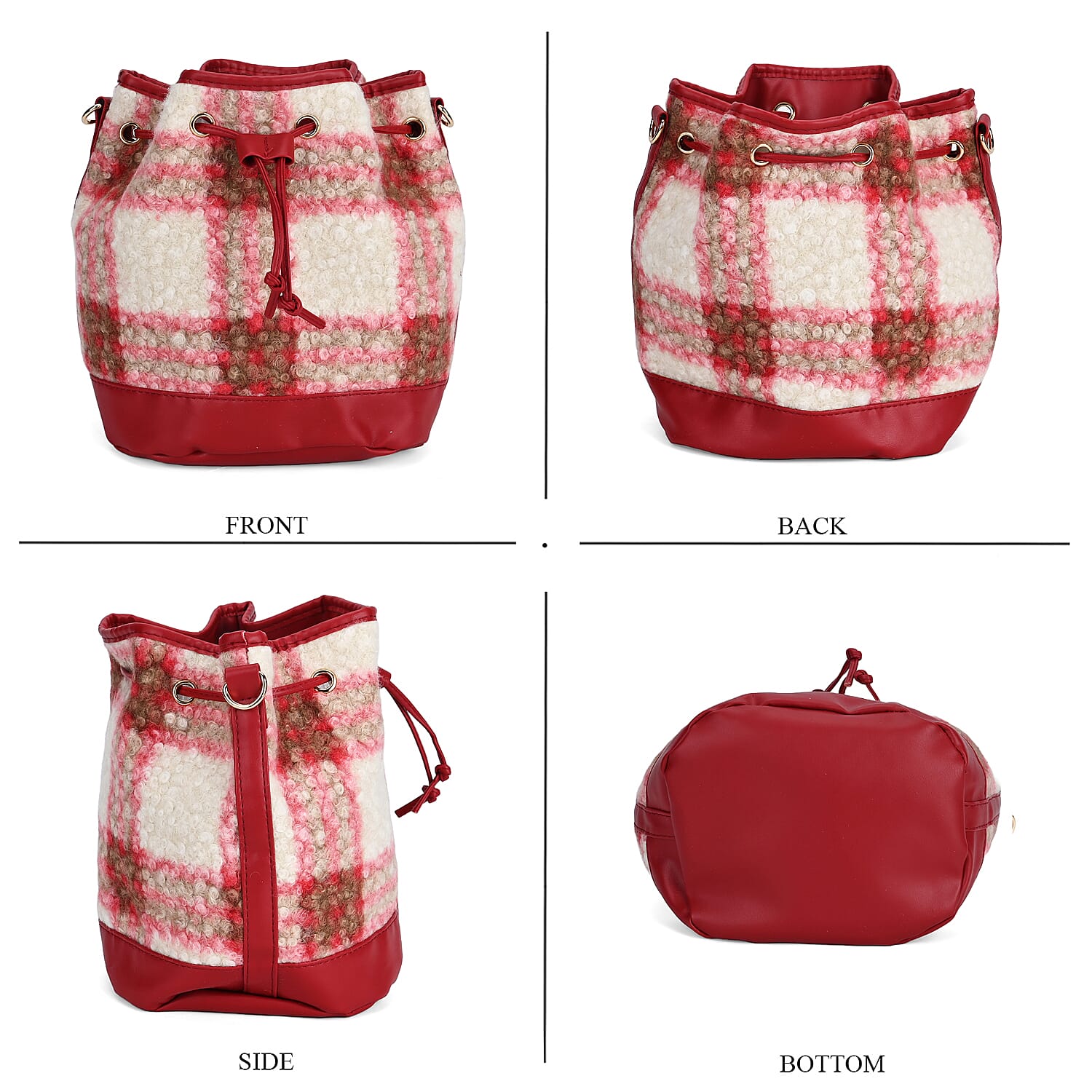 Crossbody Checkered Bucket Bag (Size 22x18x25 cm) - Red & Beige