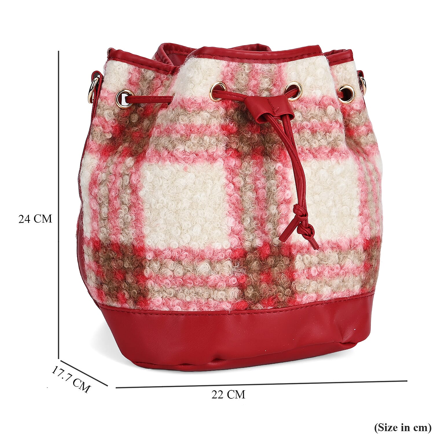 Crossbody Checkered Bucket Bag (Size 22x18x25 cm) - Red & Beige