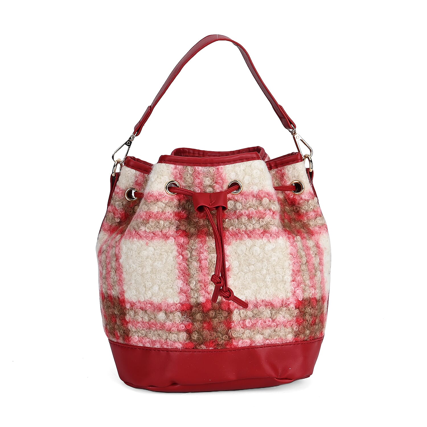 Crossbody Checkered Bucket Bag (Size 22x18x25 cm) - Red & Beige