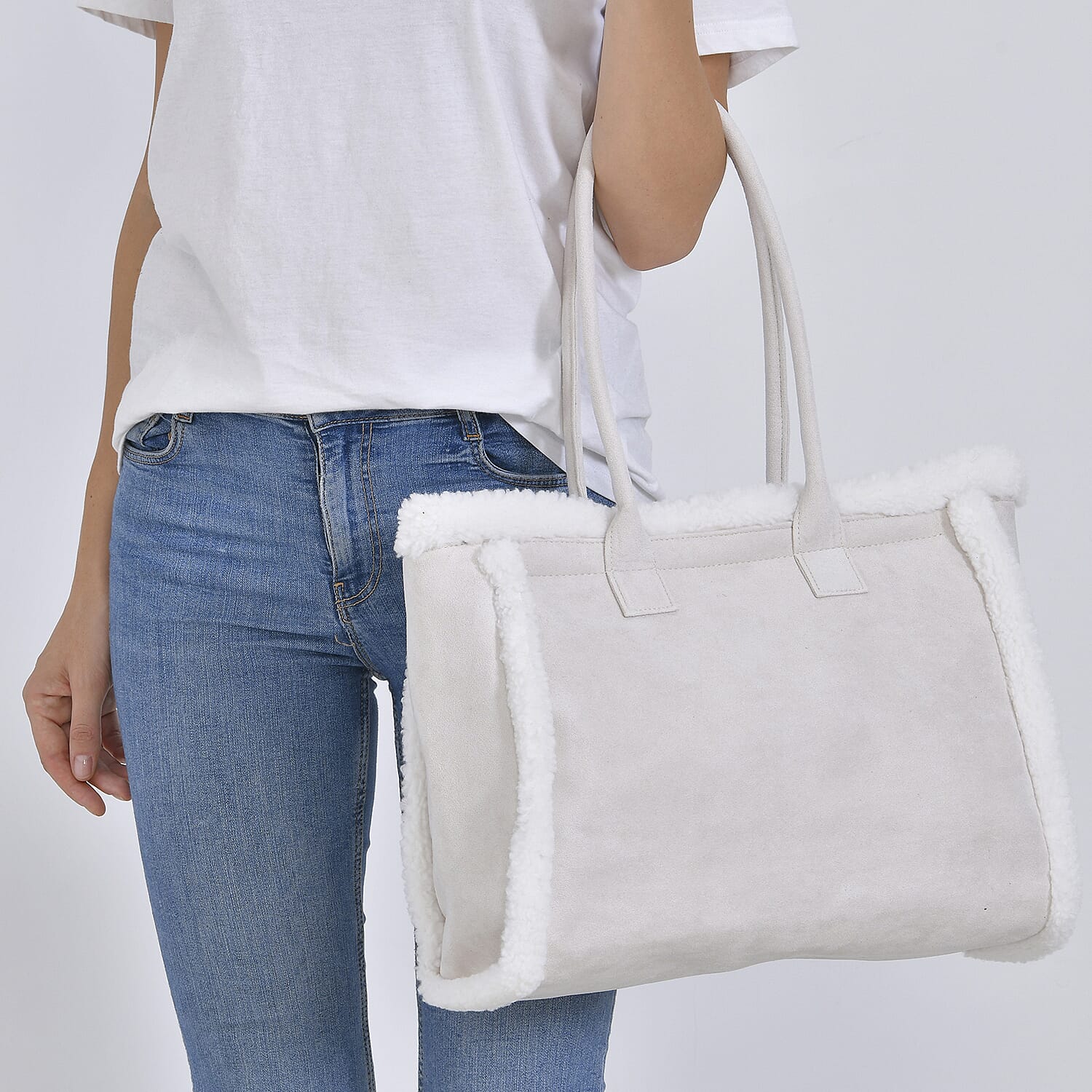 Winter Fashion Closeout - Faux Fur Plush Large Tote Bag - Beige