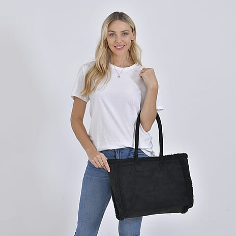 Winter Fashion Closeout - Faux Fur Plush LARGE Tote Bag - Black