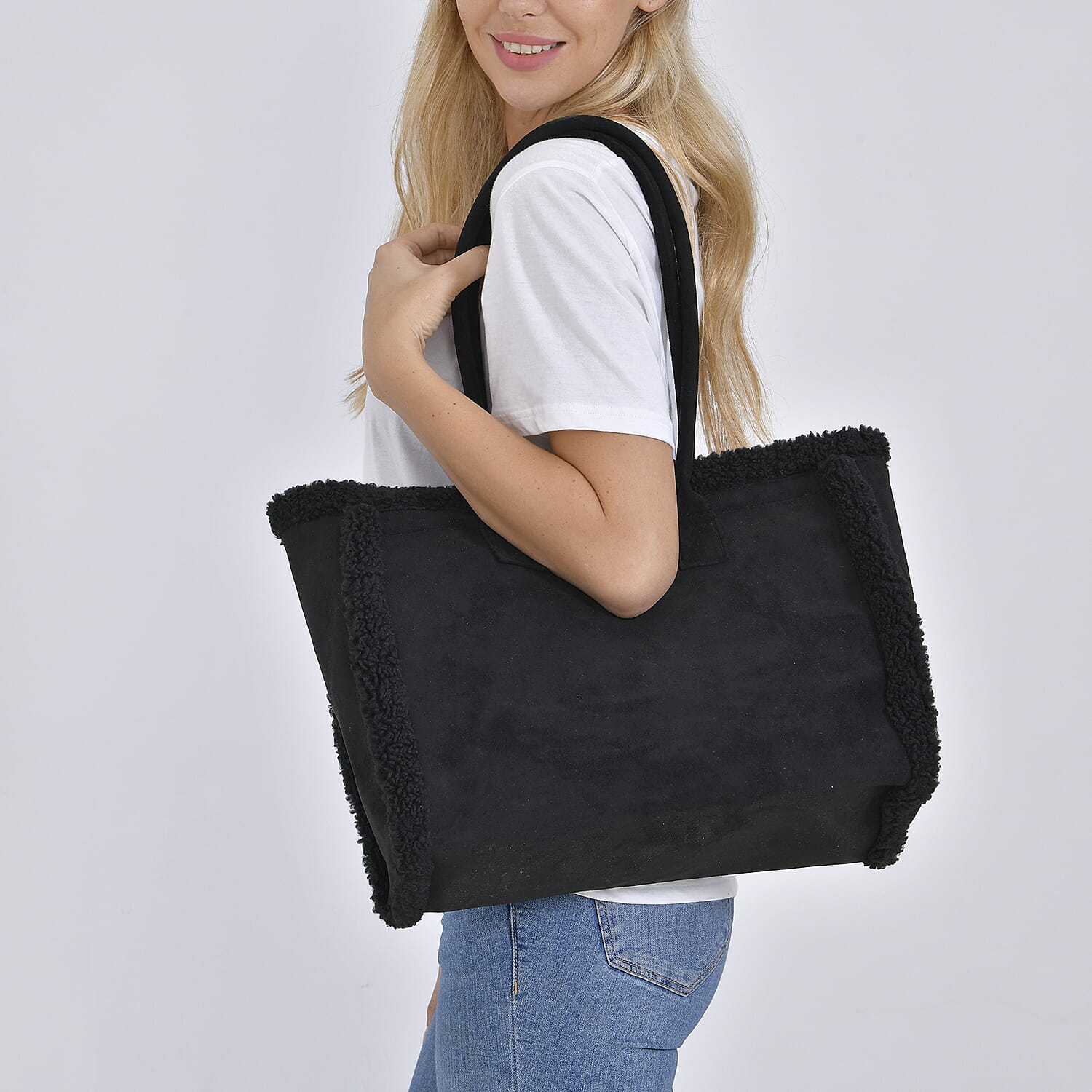 Winter Fashion Closeout - Faux Fur Plush LARGE Tote Bag - Black