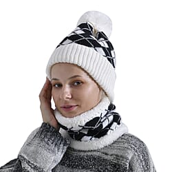 Plush Lined Pom Beanie Hat with Scarf Set - Black & White