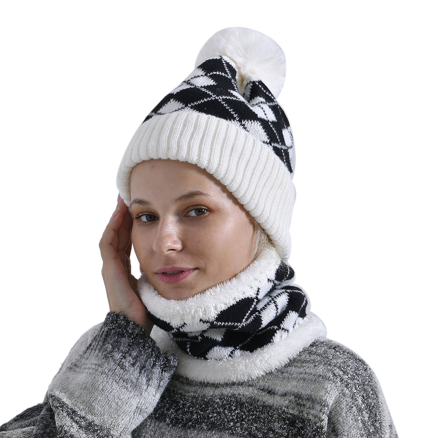   Plush Lined Pom Beanie Hat with Scarf Set