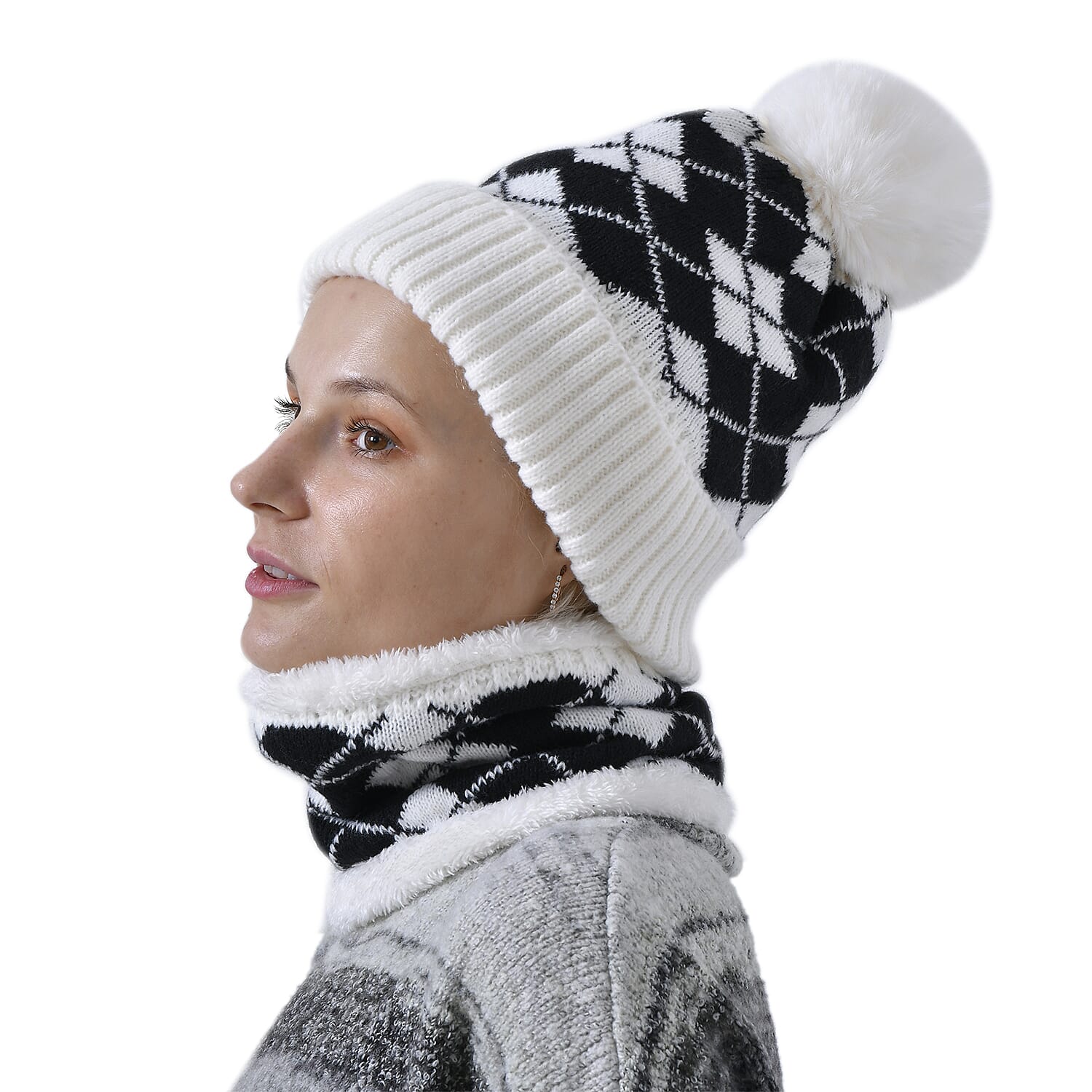   Plush Lined Pom Beanie Hat with Scarf Set