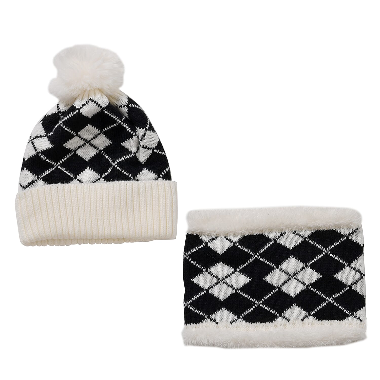   Plush Lined Pom Beanie Hat with Scarf Set