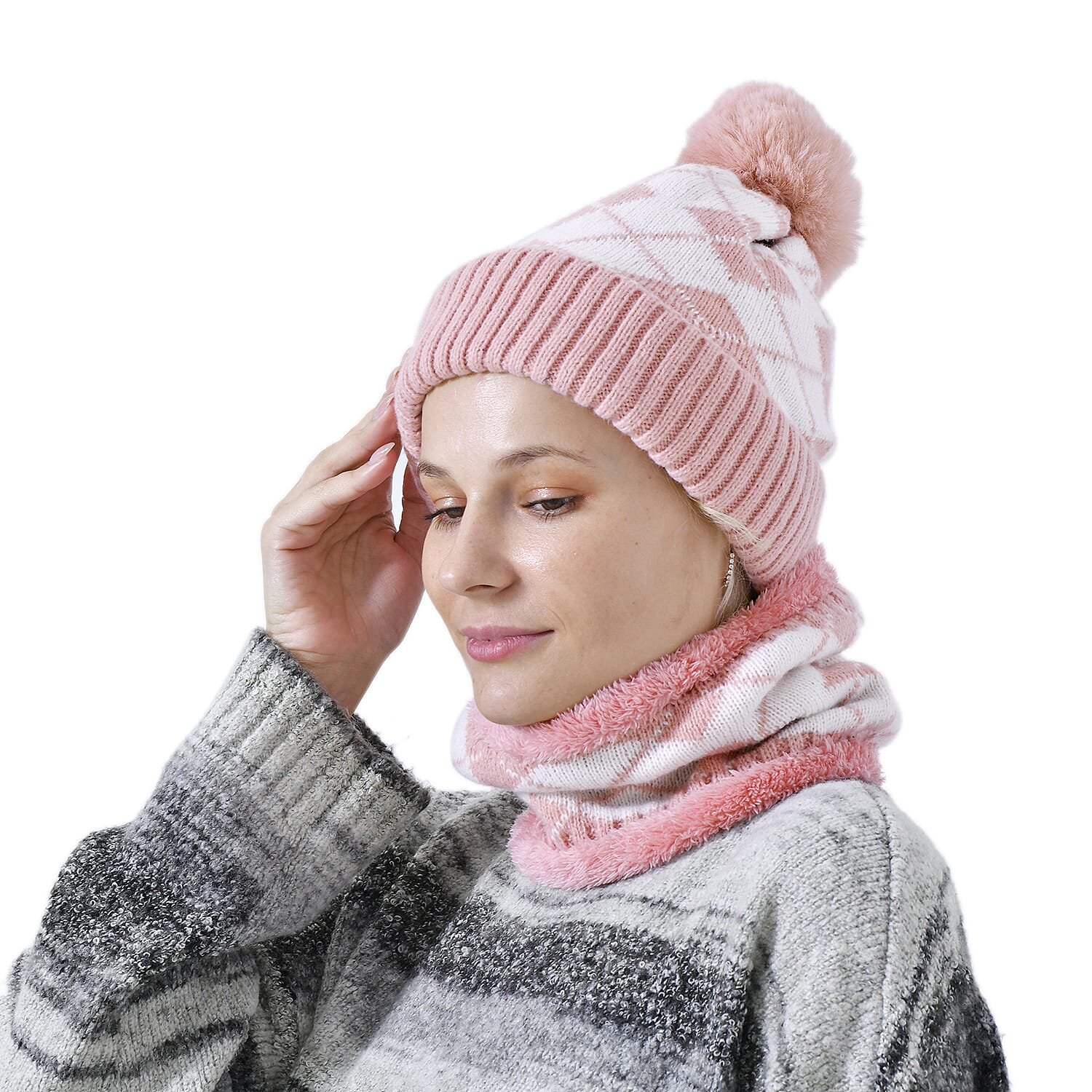 Plush Lined Pom Beanie Hat with Scarf Set  - Pink
