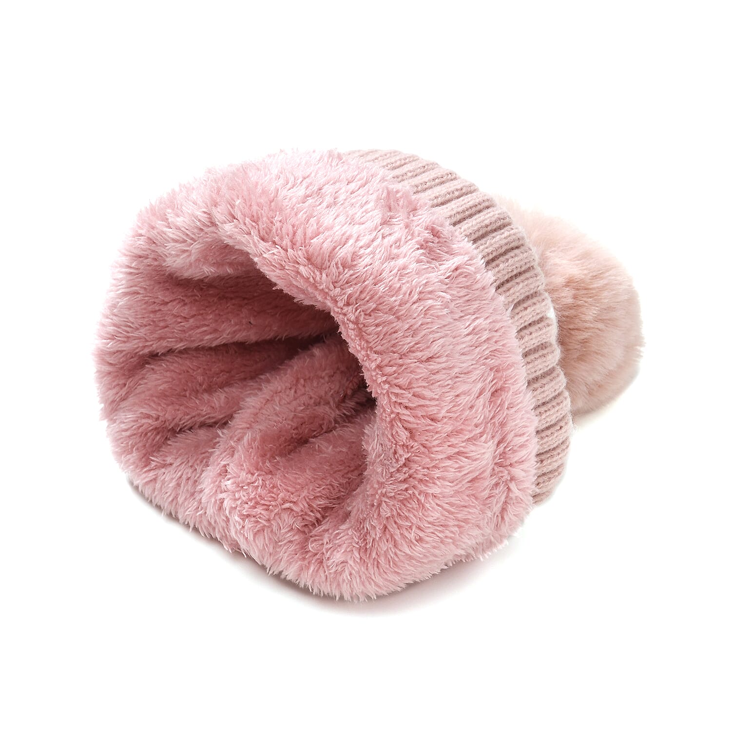 Plush Lined Pom Beanie Hat with Scarf Set  - Pink
