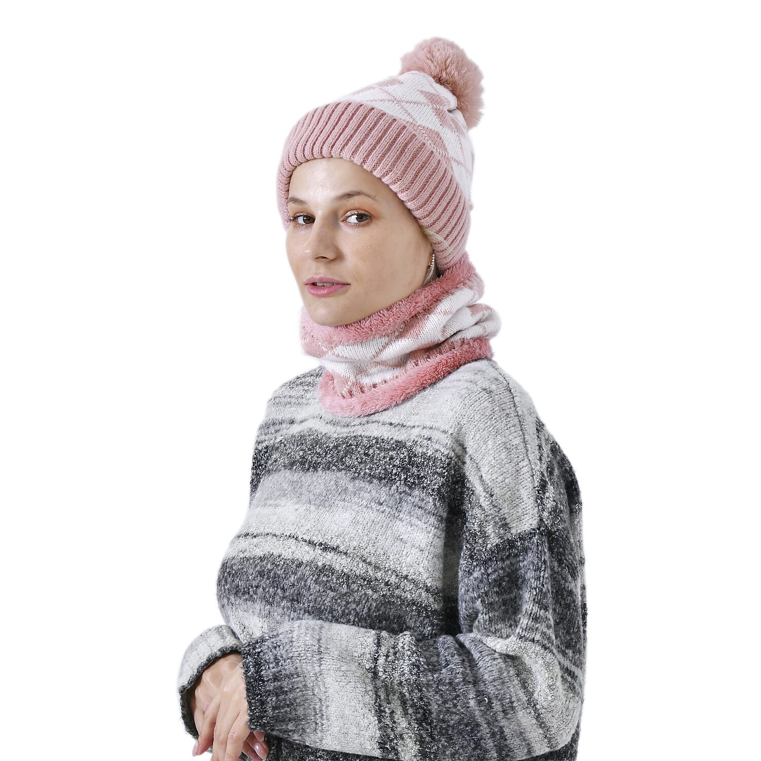 Plush Lined Pom Beanie Hat with Scarf Set  - Pink