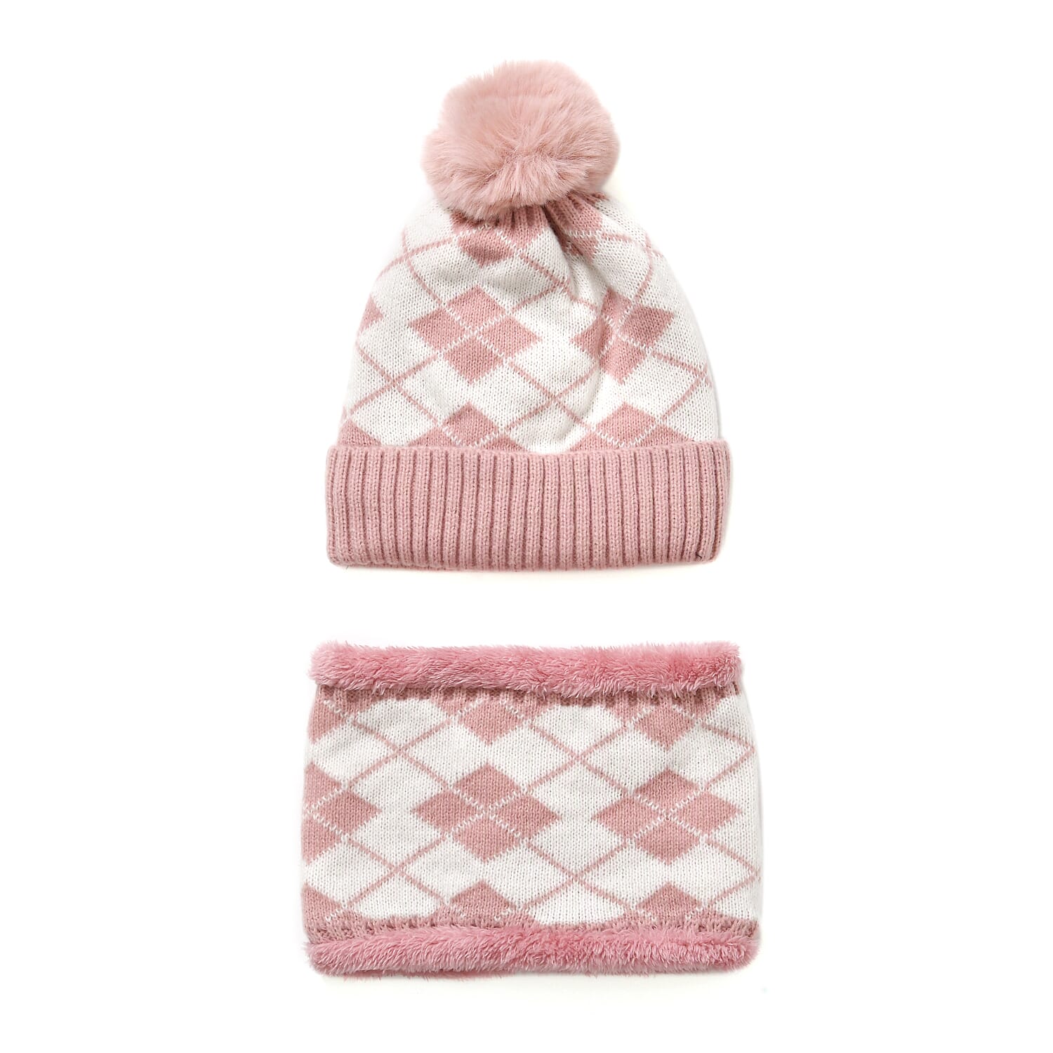 Plush Lined Pom Beanie Hat with Scarf Set  - Pink