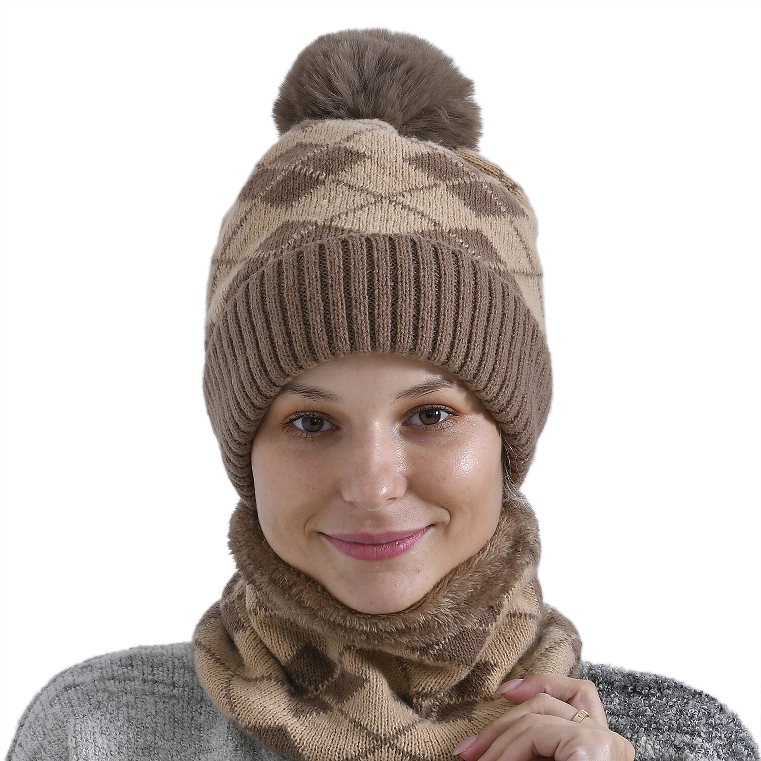Plush Lined Pom Beanie Hat with Scarf Set - Brown