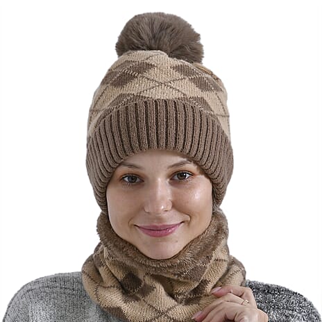 Plush Lined Pom Beanie Hat with Scarf Set - Brown