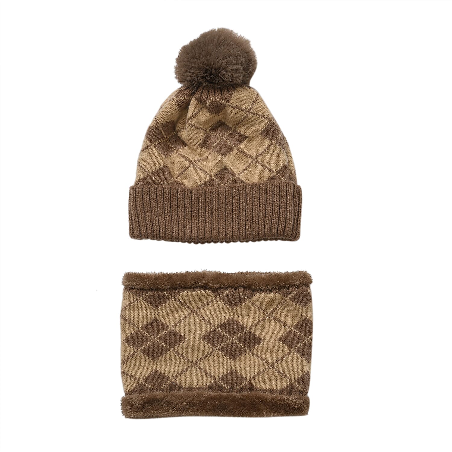 Plush Lined Pom Beanie Hat with Scarf Set - Brown