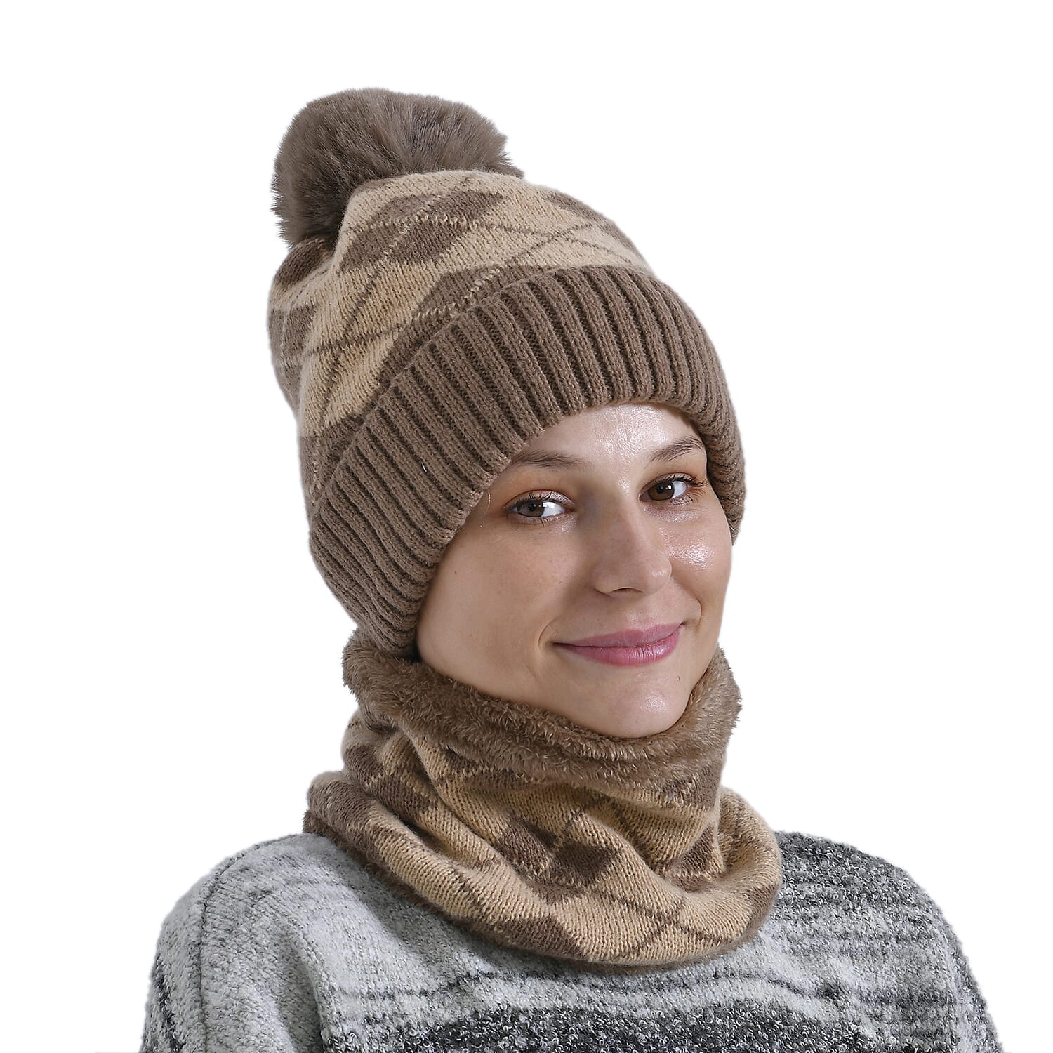 Plush Lined Pom Beanie Hat with Scarf Set - Brown