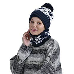 Plush Lined Pom Beanie Hat with Scarf Set - Black & White
