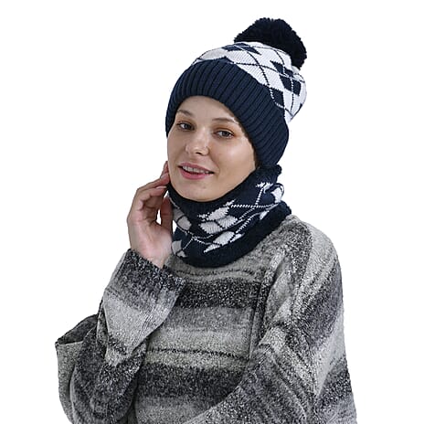 Plush Lined Pom Beanie Hat with Scarf Set - Navy