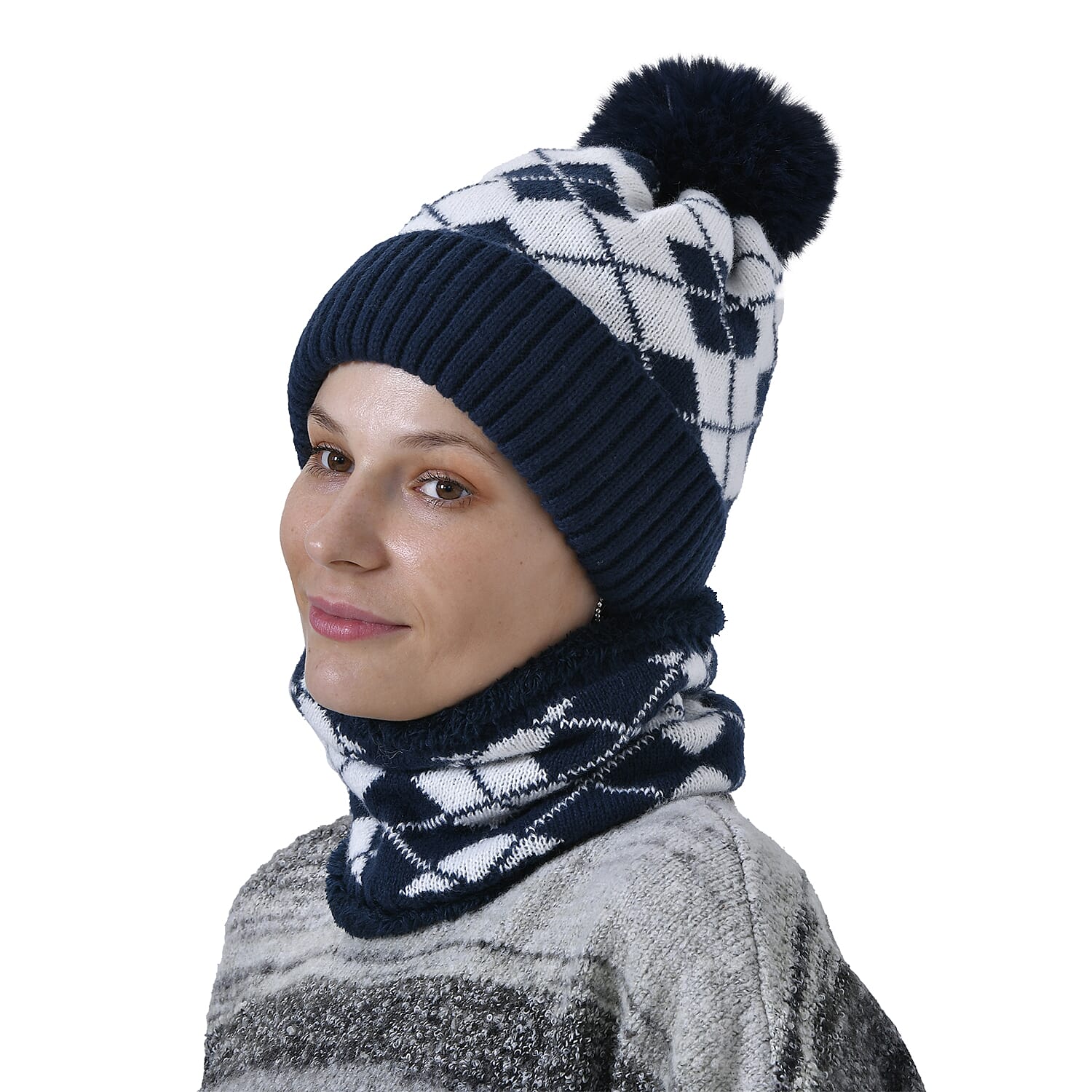Plush Lined Pom Beanie Hat with Scarf Set - Navy