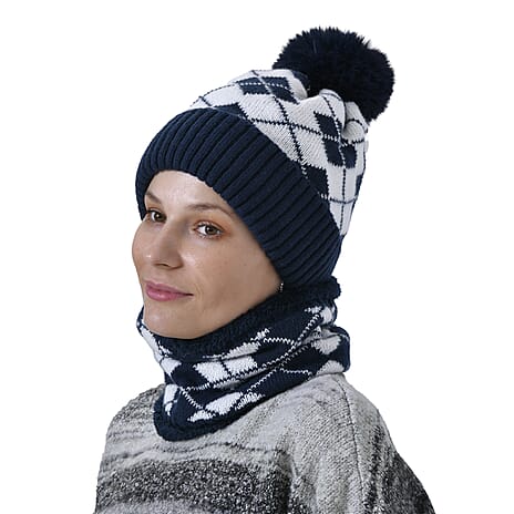 Plush Lined Pom Beanie Hat with Scarf Set - Navy