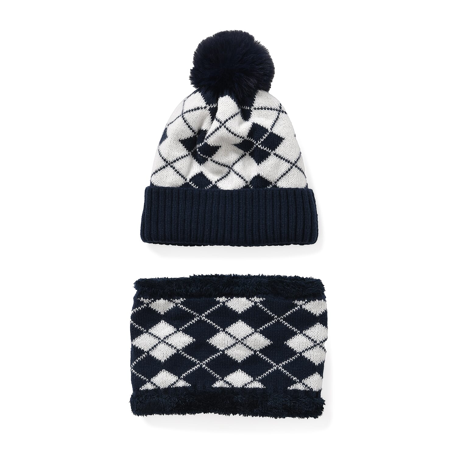 Plush Lined Pom Beanie Hat with Scarf Set - Navy