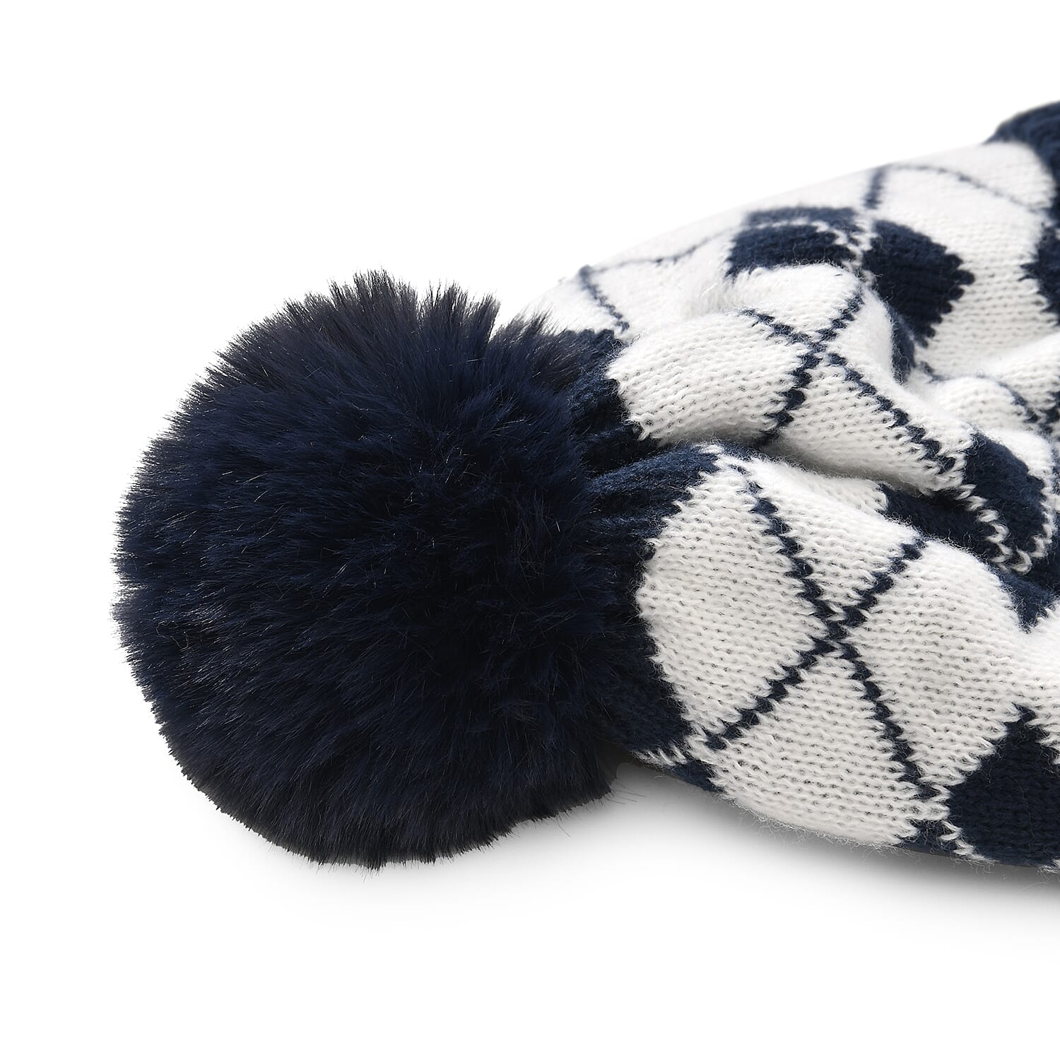 Plush Lined Pom Beanie Hat with Scarf Set - Navy