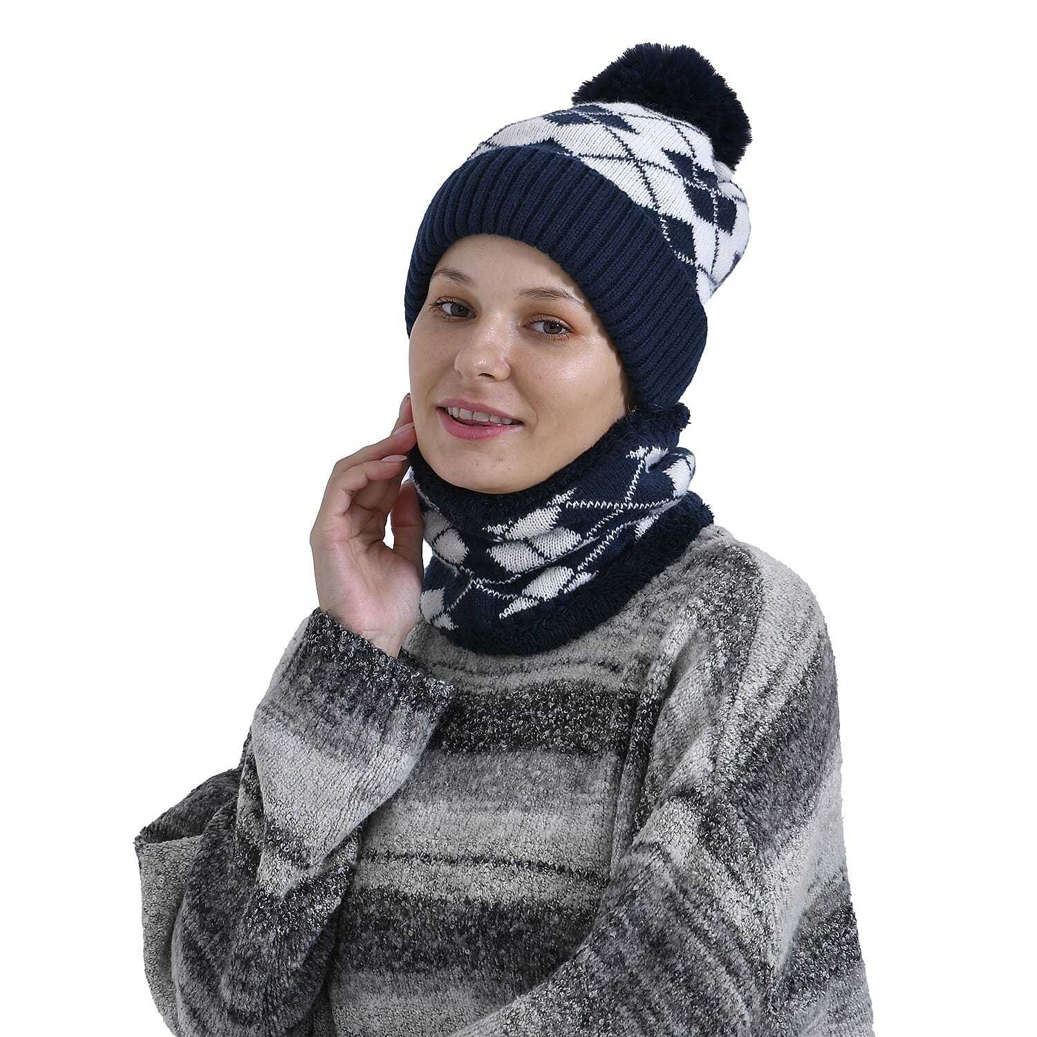 Plush Lined Pom Beanie Hat with Scarf Set - Navy