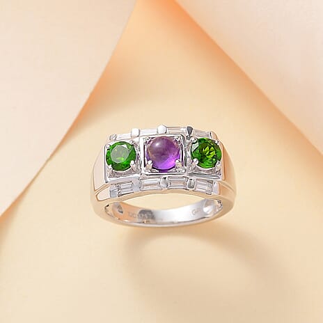 GP Art Deco Collection - Geometrical Shapes - Amethyst, Chrome Diopside & Zircon Ring in Rhodium Overlay Sterling Silver